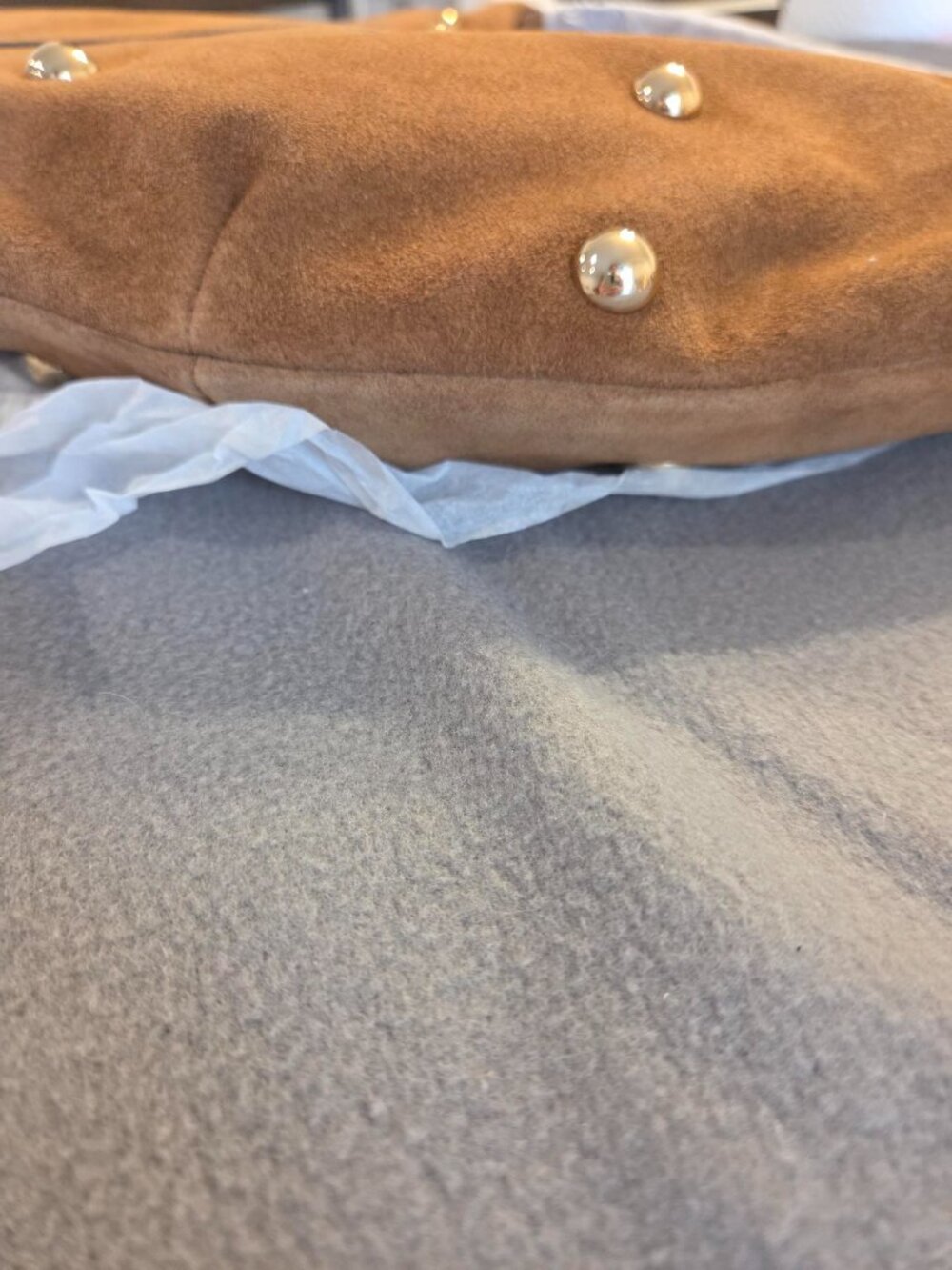 NWT The Essential Curve Shoulder Bag (Studed Suede/Dried Acorn) - Picture 10 of 15